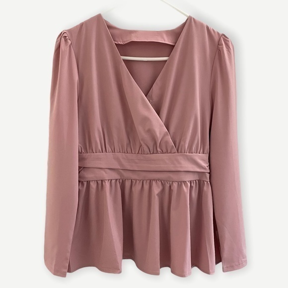 V-neck Flared Hem Pink Long Sleeve Peplum Blouse Top Women’s Size S M Large